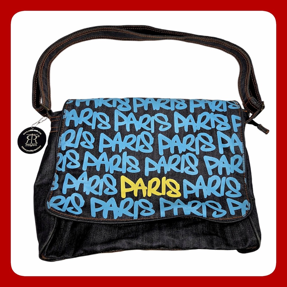 Robin Ruth Paris Denim Messenger Bag Graffiti Print Adjustable Strap Excellent
